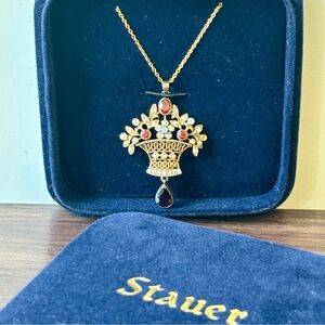 Stauer Bertuzzi Fiori Pendant Necklace Goldtone Red Gem Drop Made in Italy 🇮🇹